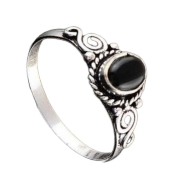 Black Obsidian Ring Silver Plated Vintage Style Band - Picture 9 of 10